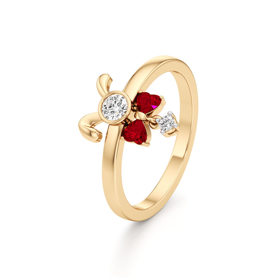 Whimsical Ruby Heart Bow  Bunny 925 Silver 18k Gold Plated Artisan Dangle Ring