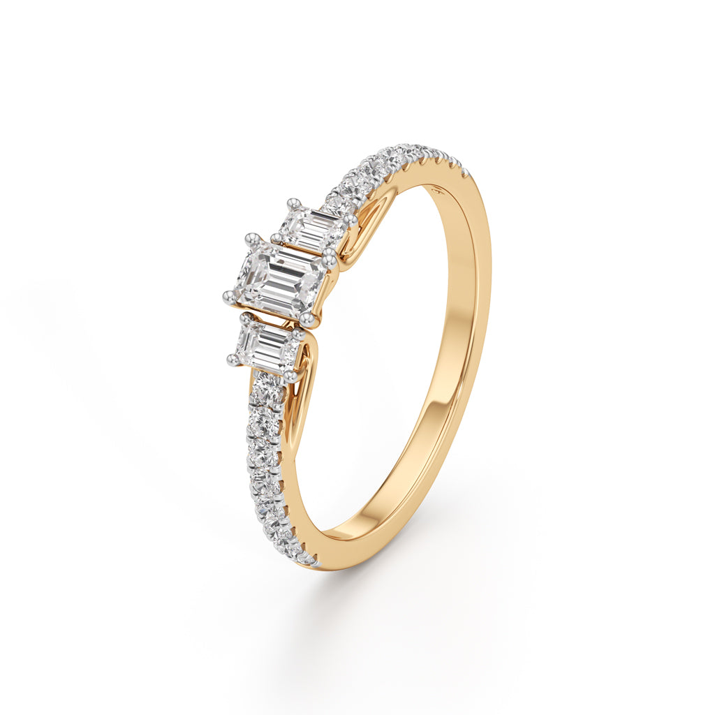 Elite EmeraldCut Trilogy 925 Silver  18k Gold Vermeil Ring with DiamondSet Band