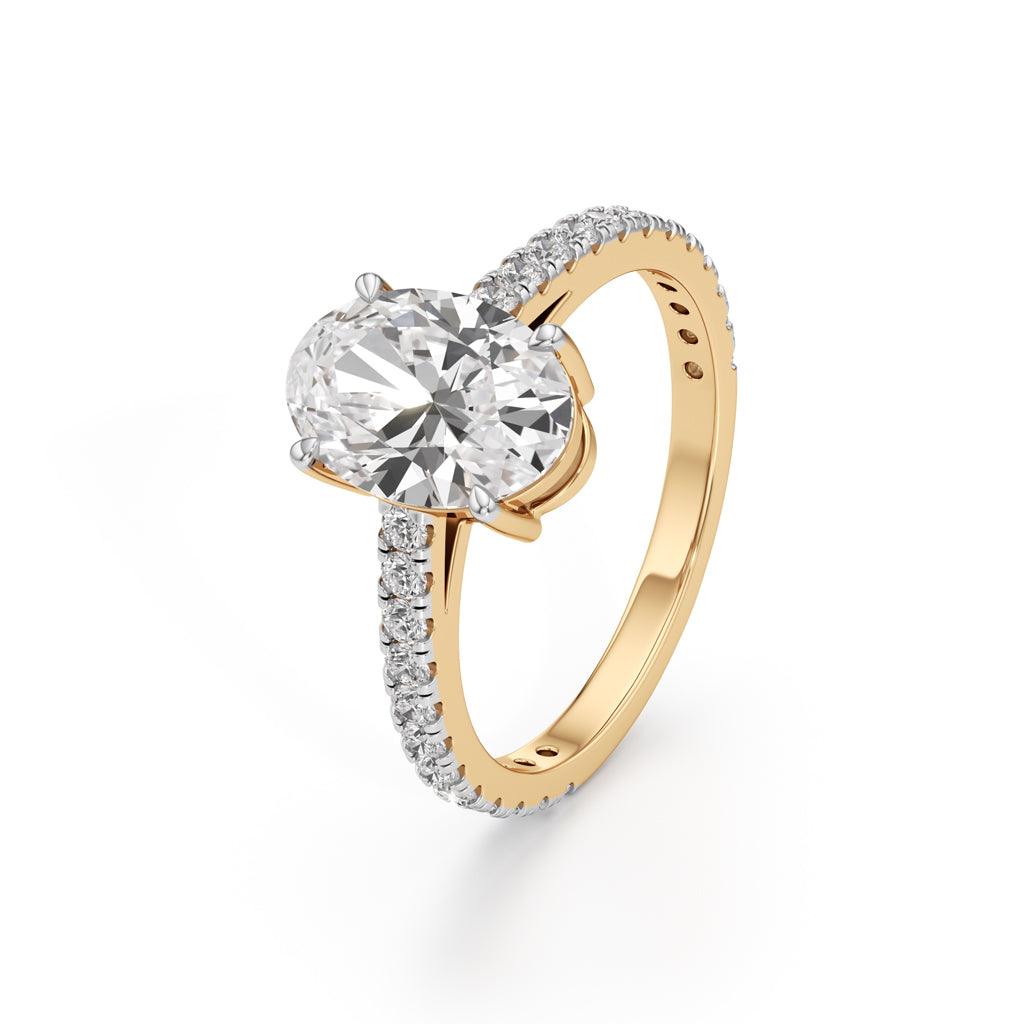 Majestic Oval 925 Silver 18k Gold Plated Solitaire Ring with PavSet Band 