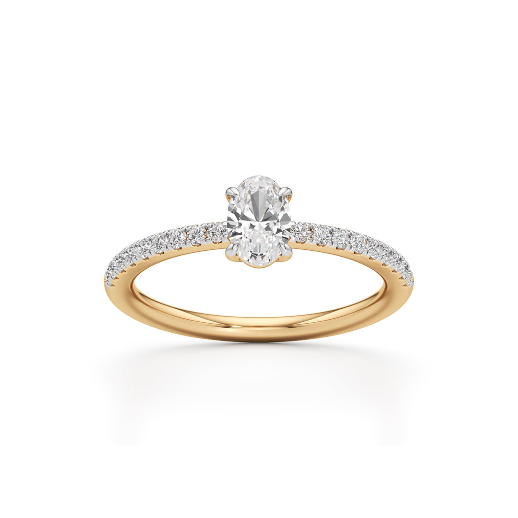 925 Silver Oval Cut Diamond Ring with 18K Gold Plated  Pave Band Solitaire Engagement Ring