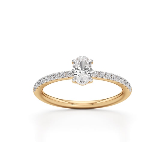 925 Silver Oval Cut Diamond Ring with 18K Gold Plated  Pave Band Solitaire Engagement Ring