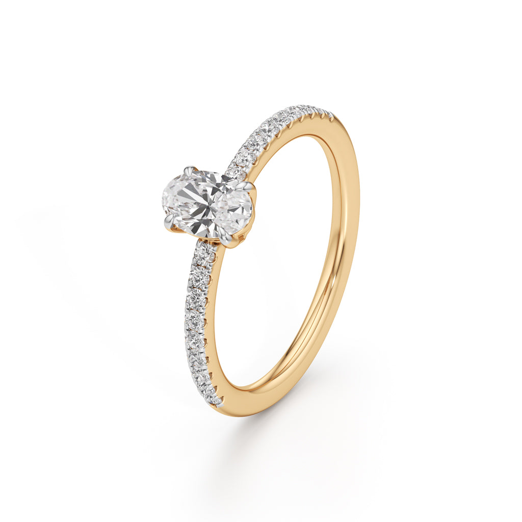 925 Silver Oval Cut Diamond Ring with 18K Gold Plated  Pave Band Solitaire Engagement Ring