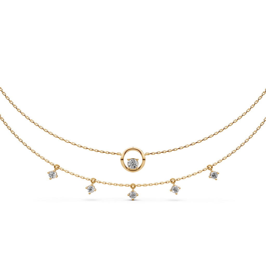 Celestial DoubleLayered 925 Silver 18k Gold Plated Solitaire Droplet Necklace